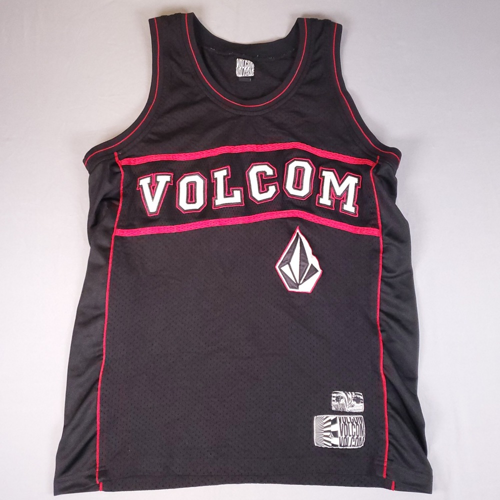 Vintage Volcom Mesh Tank Top Mens Large Stitched Jersey Stone Redlands Black Red